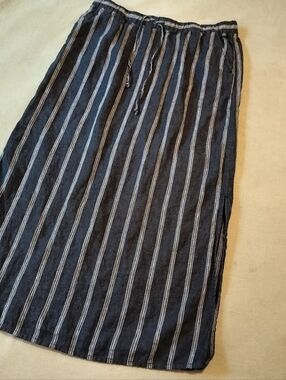 Garnet Hill 100% Linen Striped Maxi Skirt Large Navy Blue Drawstring Pockets
